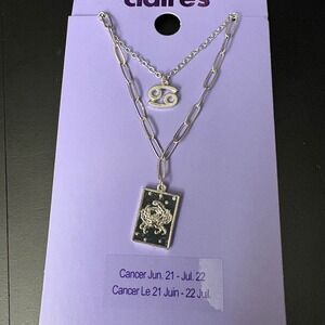 NWT Claires Silver Cancer Zodiac Layered Set of 2 Necklaces July June Gift